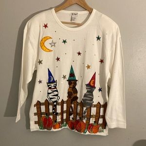 Vintage embroidered witch cat top